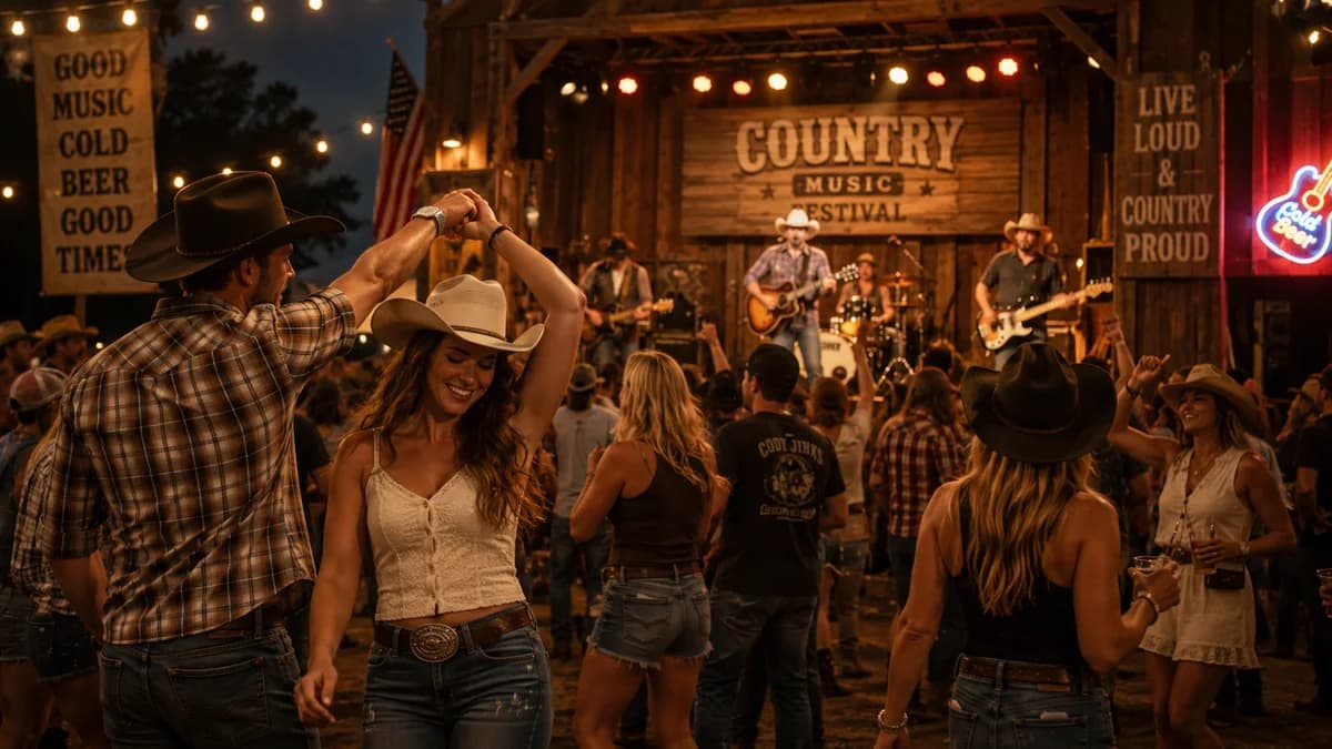 Skupina lidí tančící na country večírku